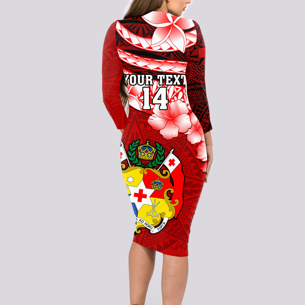 Custom Tonga Rugby Long Sleeve Bodycon Dress Ikale Tahi Tongan Ngatu Pattern With Dabbing Ball LT14 - Polynesian Pride