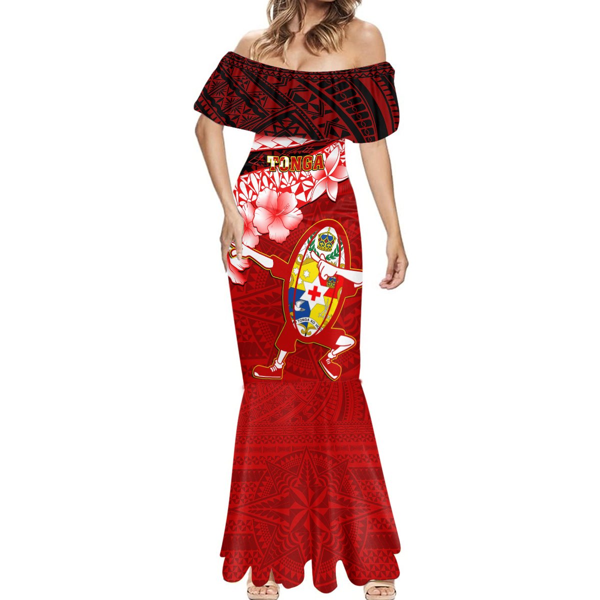 Custom Tonga Rugby Mermaid Dress Ikale Tahi Tongan Ngatu Pattern With Dabbing Ball LT14 - Polynesian Pride