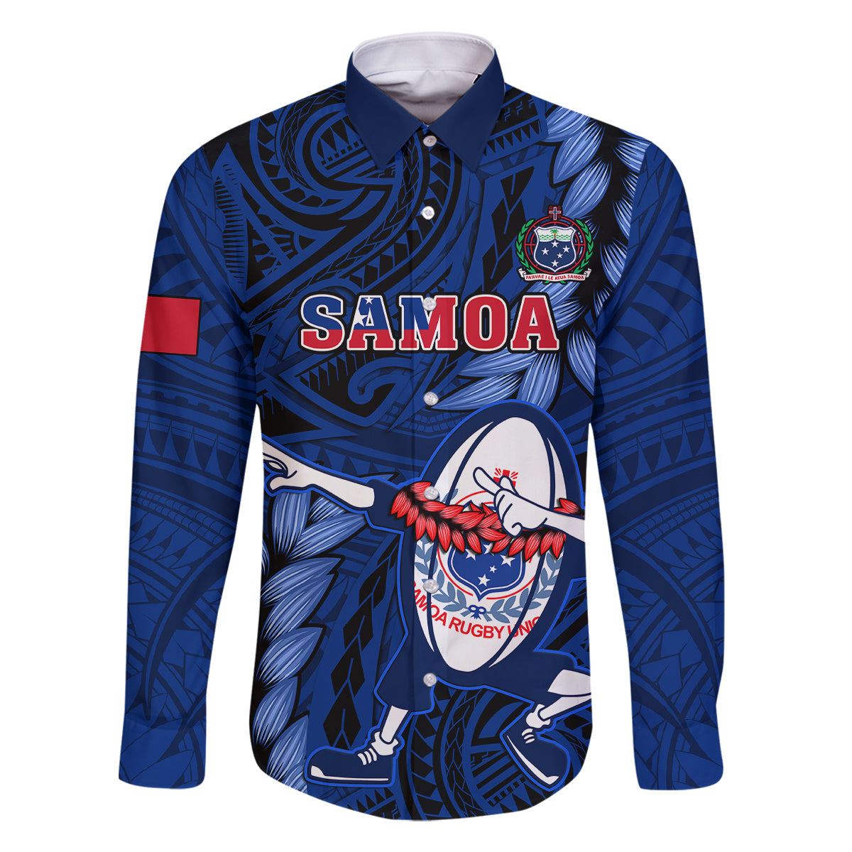 Samoa Rugby Family Matching Tank Maxi Dress and Hawaiian Shirt Manu Samoa Ula Fala Dabbing Ball Polynesian Blue Version LT14 Dad's Shirt - Long Sleeve Blue - Polynesian Pride