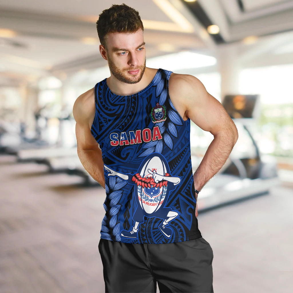 Samoa Rugby Men Tank Top Manu Samoa Ula Fala Dabbing Ball Polynesian Blue Version LT14 - Polynesian Pride
