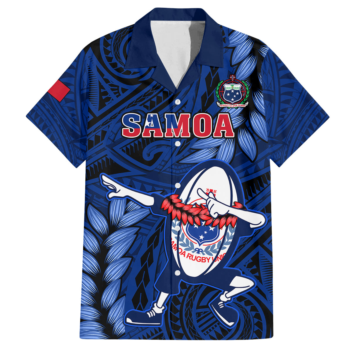 Custom Samoa Rugby Family Matching Mermaid Dress and Hawaiian Shirt Manu Samoa Ula Fala Dabbing Ball Polynesian Blue Version LT14 Dad's Shirt - Short Sleeve Blue - Polynesian Pride