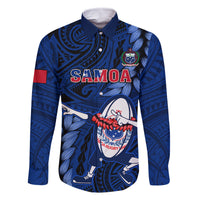 Custom Samoa Rugby Family Matching Off Shoulder Maxi Dress and Hawaiian Shirt Manu Samoa Ula Fala Dabbing Ball Polynesian Blue Version LT14 Dad's Shirt - Long Sleeve Blue - Polynesian Pride