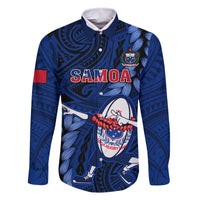 Custom Samoa Rugby Family Matching Off Shoulder Short Dress and Hawaiian Shirt Manu Samoa Ula Fala Dabbing Ball Polynesian Blue Version LT14 Dad's Shirt - Long Sleeve Blue - Polynesian Pride