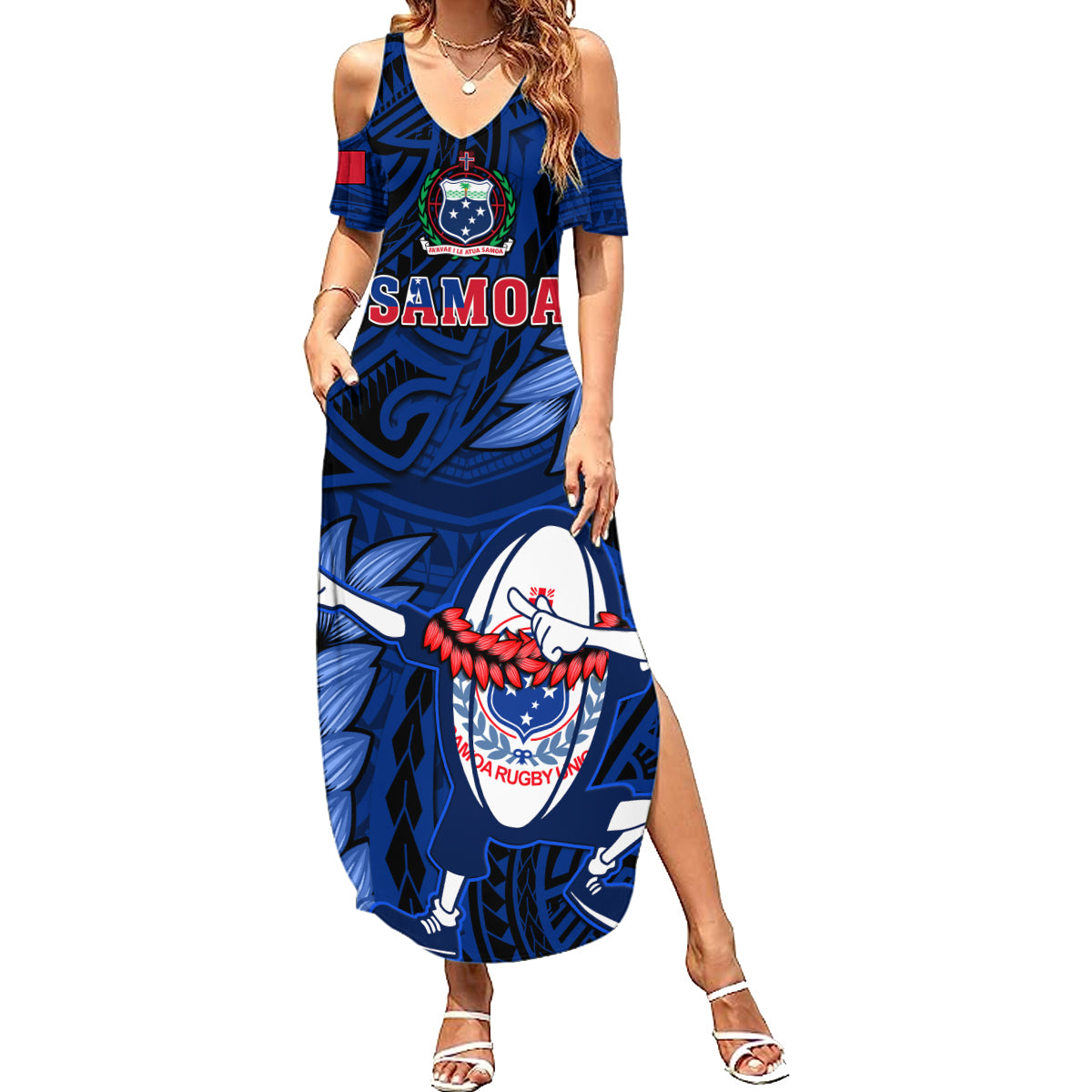 Custom Samoa Rugby Family Matching Summer Maxi Dress and Hawaiian Shirt Manu Samoa Ula Fala Dabbing Ball Polynesian Blue Version LT14 Mom's Dress Blue - Polynesian Pride