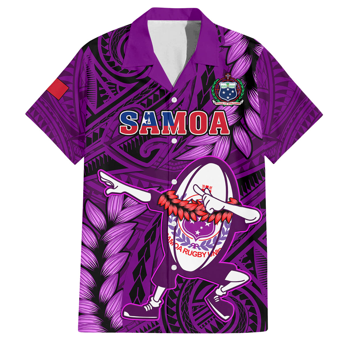 Samoa Rugby Family Matching Puletasi Dress and Hawaiian Shirt Manu Samoa Ula Fala Dabbing Ball Polynesian Purple Version LT14 - Polynesian Pride