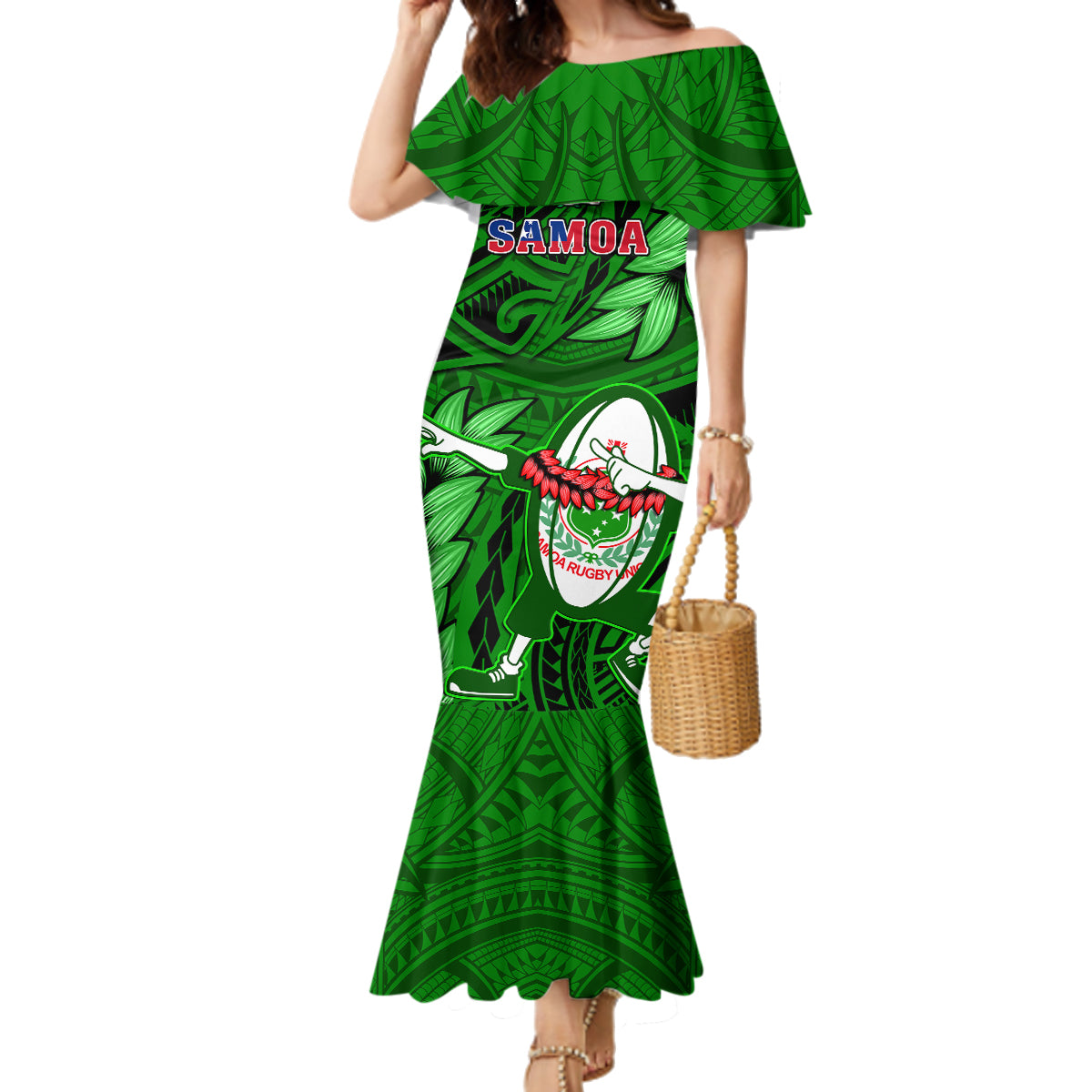 Samoa Rugby Family Matching Mermaid Dress and Hawaiian Shirt Manu Samoa Ula Fala Dabbing Ball Polynesian Green Version LT14 - Polynesian Pride