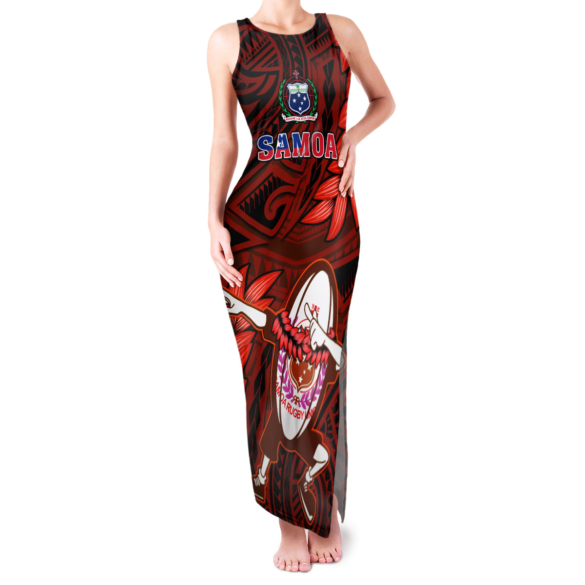 Samoa Rugby Family Matching Tank Maxi Dress and Hawaiian Shirt Manu Samoa Ula Fala Dabbing Ball Polynesian Red Version LT14 - Polynesian Pride