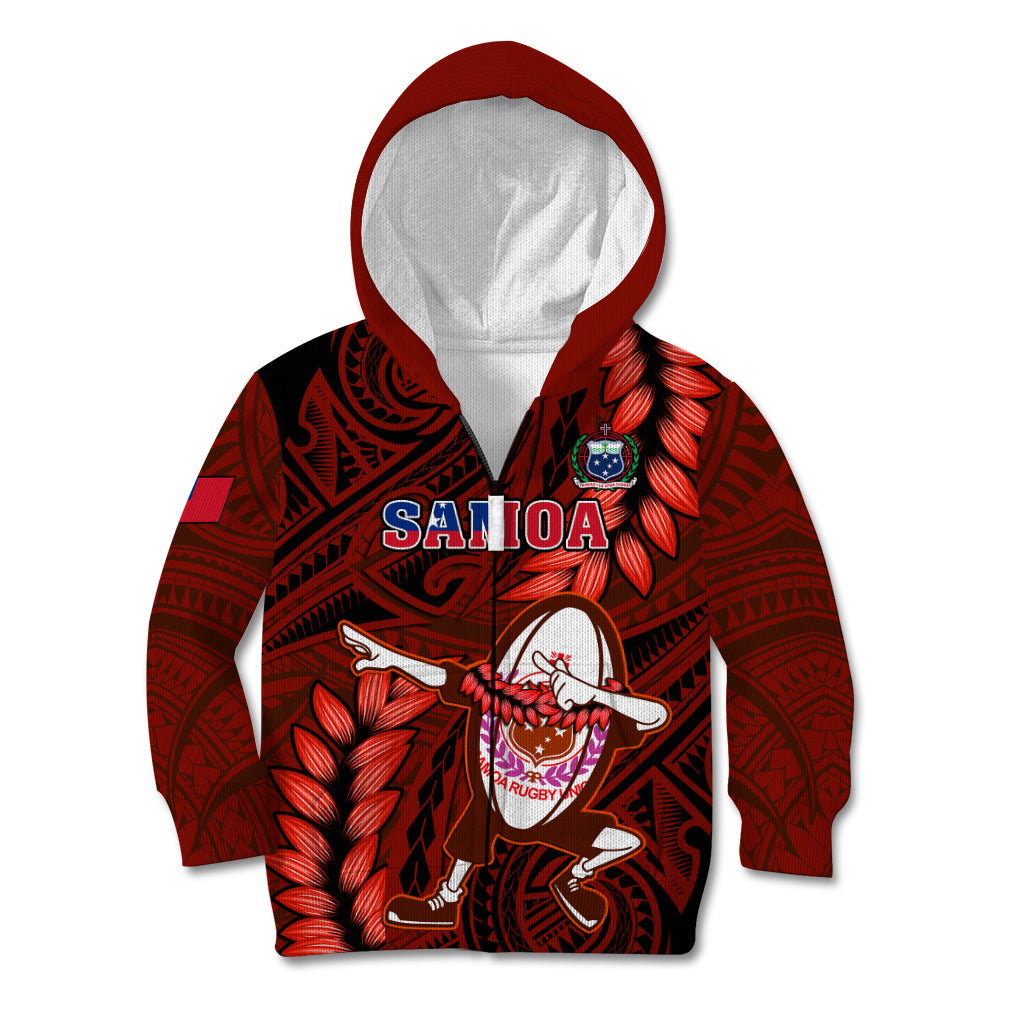 Samoa Rugby Kid Hoodie Manu Samoa Ula Fala Dabbing Ball Polynesian Red Version LT14 Zip Hoodie Red - Polynesian Pride