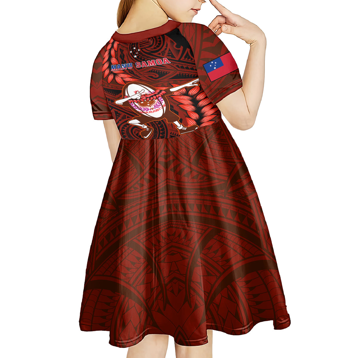 Samoa Rugby Kid Short Sleeve Dress Manu Samoa Ula Fala Dabbing Ball Polynesian Red Version LT14 - Polynesian Pride