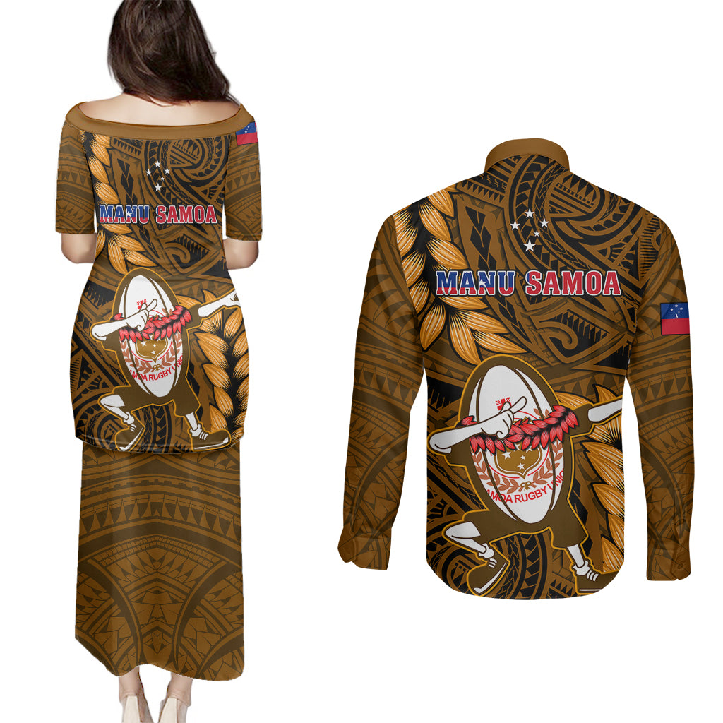 Samoa Rugby Couples Matching Puletasi Dress and Long Sleeve Button Shirts Manu Samoa Ula Fala Dabbing Ball Polynesian Gold Version LT14 - Polynesian Pride