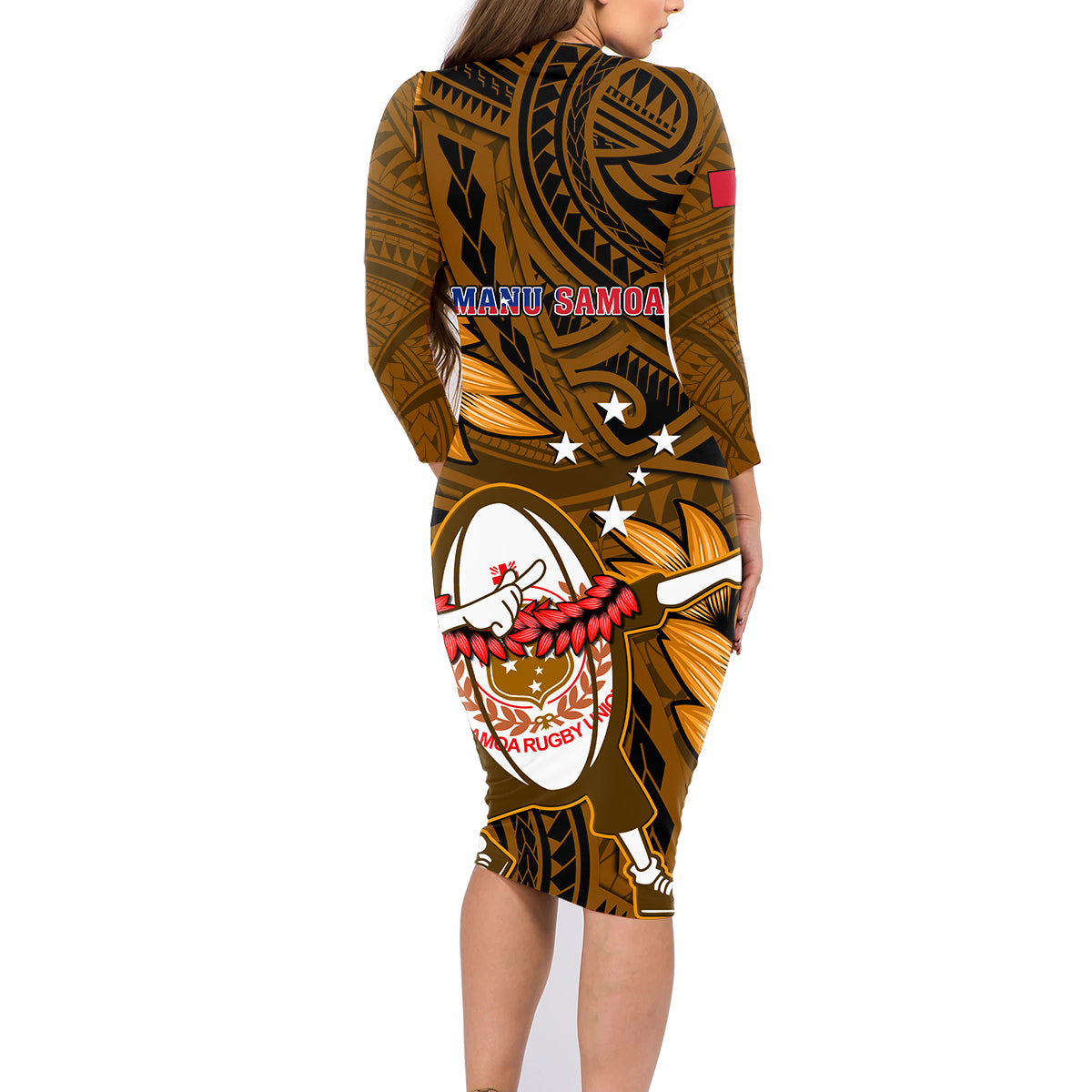 Samoa Rugby Family Matching Long Sleeve Bodycon Dress and Hawaiian Shirt Manu Samoa Ula Fala Dabbing Ball Polynesian Gold Version LT14 - Polynesian Pride