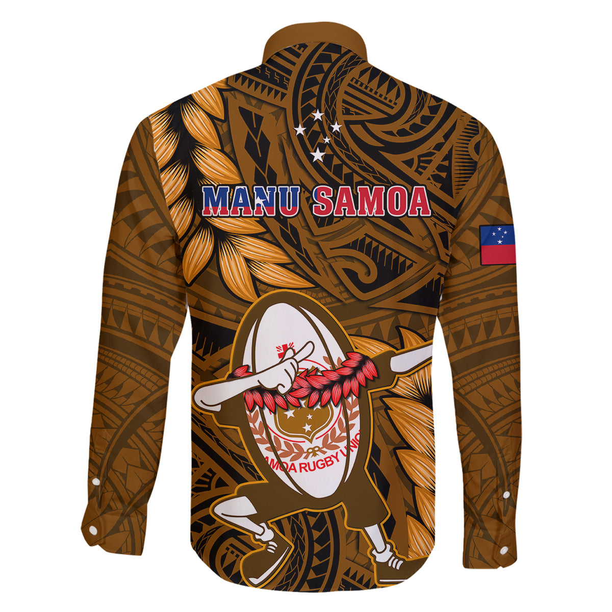 Samoa Rugby Family Matching Off Shoulder Long Sleeve Dress and Hawaiian Shirt Manu Samoa Ula Fala Dabbing Ball Polynesian Gold Version LT14 - Polynesian Pride