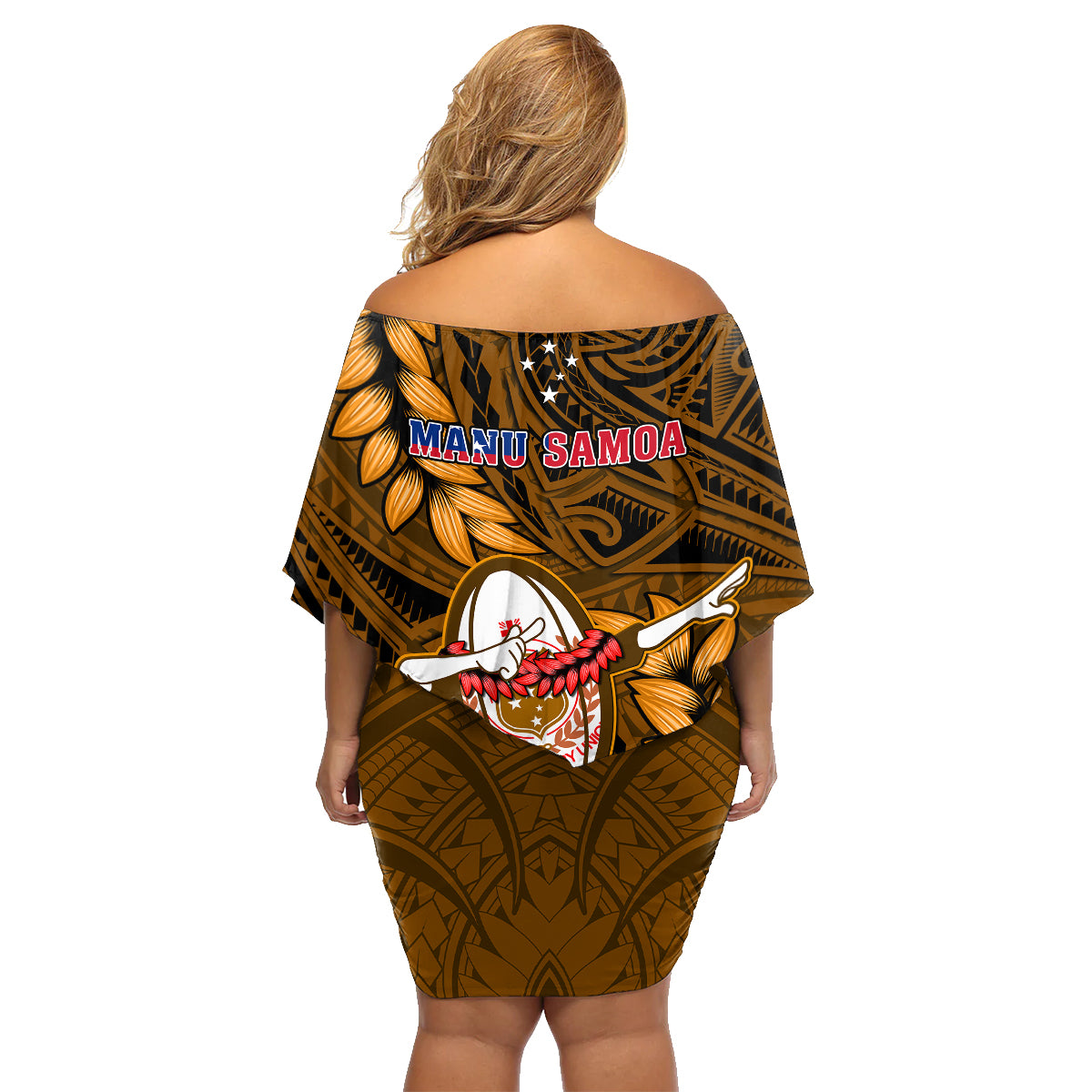 Samoa Rugby Family Matching Off Shoulder Short Dress and Hawaiian Shirt Manu Samoa Ula Fala Dabbing Ball Polynesian Gold Version LT14 - Polynesian Pride