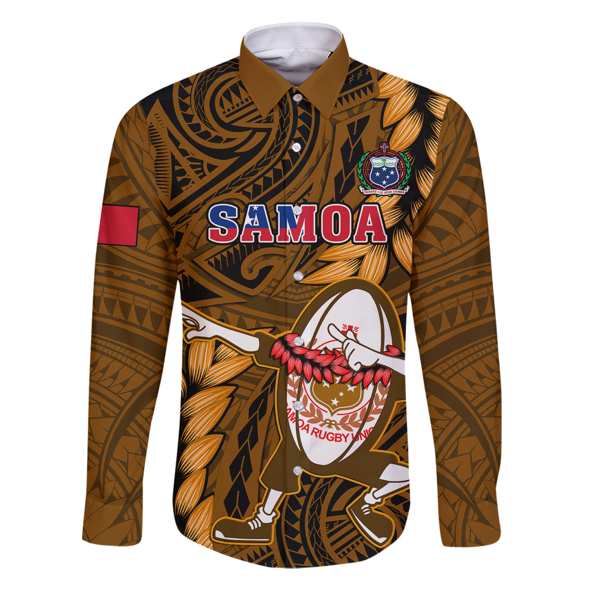 Samoa Rugby Family Matching Tank Maxi Dress and Hawaiian Shirt Manu Samoa Ula Fala Dabbing Ball Polynesian Gold Version LT14 - Polynesian Pride