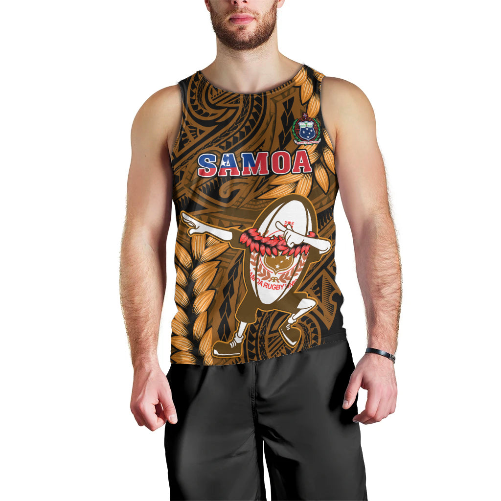 Samoa Rugby Men Tank Top Manu Samoa Ula Fala Dabbing Ball Polynesian Gold Version LT14 - Polynesian Pride
