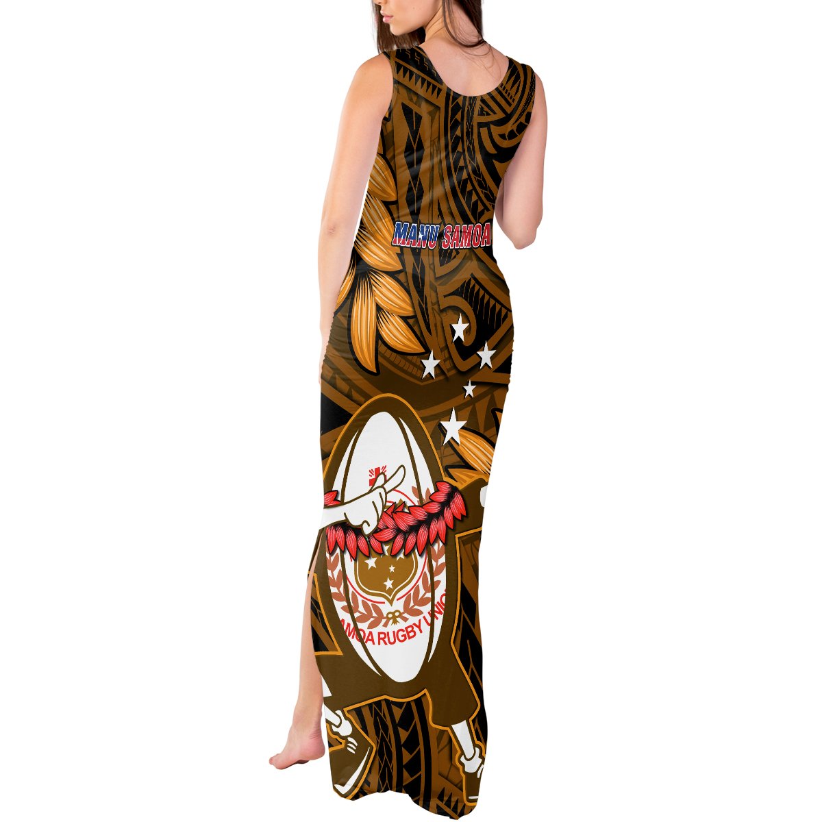 Samoa Rugby Tank Maxi Dress Manu Samoa Ula Fala Dabbing Ball Polynesian Gold Version LT14 - Polynesian Pride