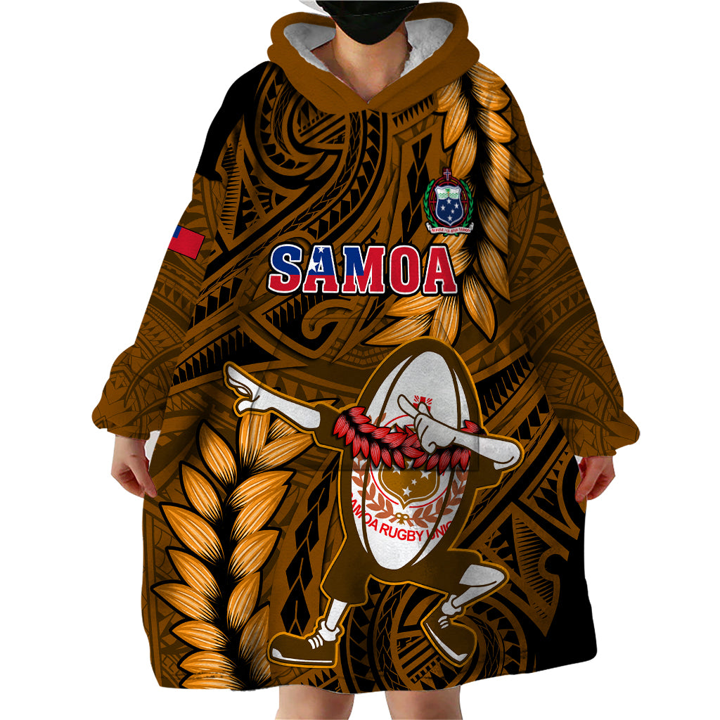 Samoa Rugby Wearable Blanket Hoodie Manu Samoa Ula Fala Dabbing Ball Polynesian Gold Version LT14 - Polynesian Pride