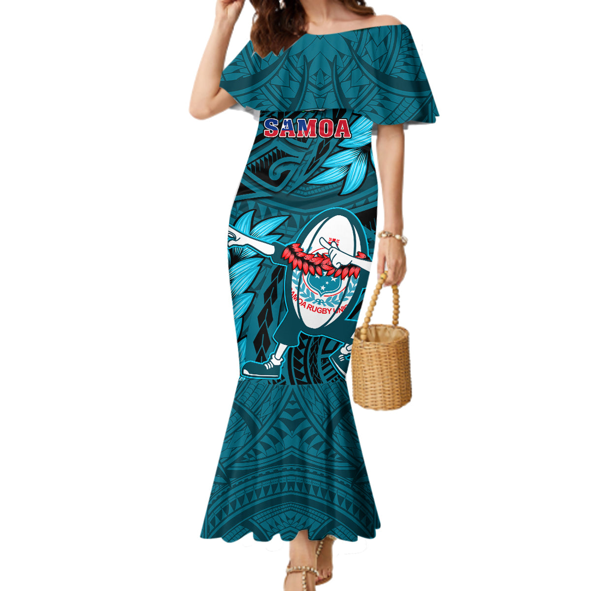 Samoa Rugby Family Matching Mermaid Dress and Hawaiian Shirt Manu Samoa Ula Fala Dabbing Ball Polynesian Turquoise Version LT14 - Polynesian Pride