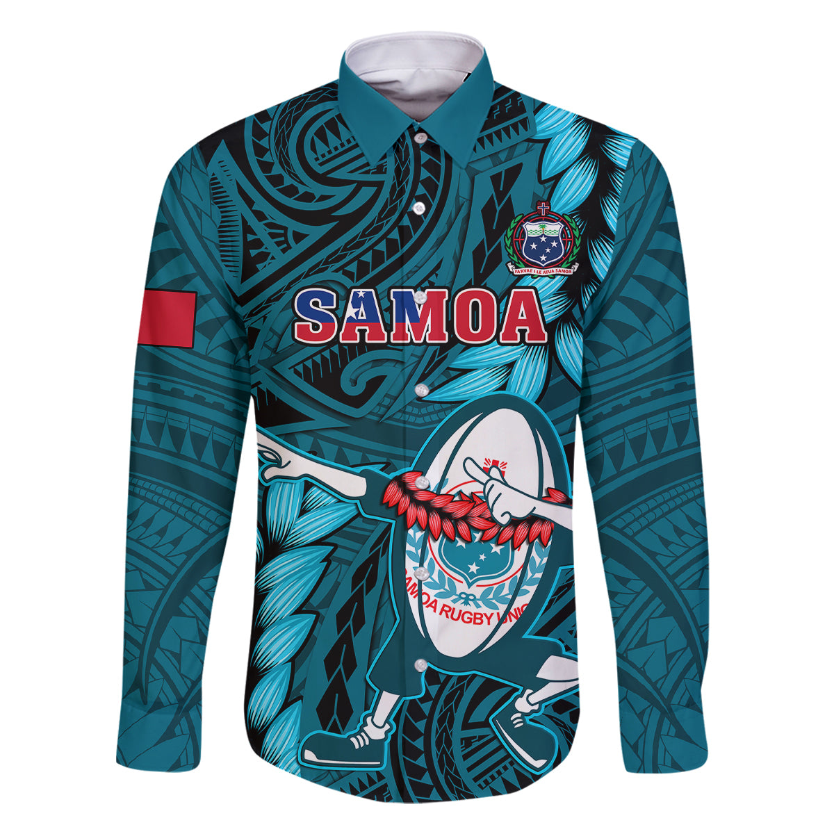 Samoa Rugby Family Matching Off Shoulder Maxi Dress and Hawaiian Shirt Manu Samoa Ula Fala Dabbing Ball Polynesian Turquoise Version LT14 - Polynesian Pride
