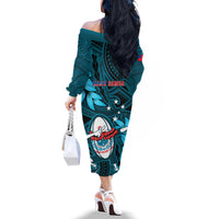 Samoa Rugby Off The Shoulder Long Sleeve Dress Manu Samoa Ula Fala Dabbing Ball Polynesian Turquoise Version LT14 - Polynesian Pride