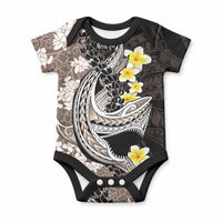 Brown and Black Hawaii Shark Tattoo Baby Onesie Puakenikeni Lei Plumeria Polynesian Pattern