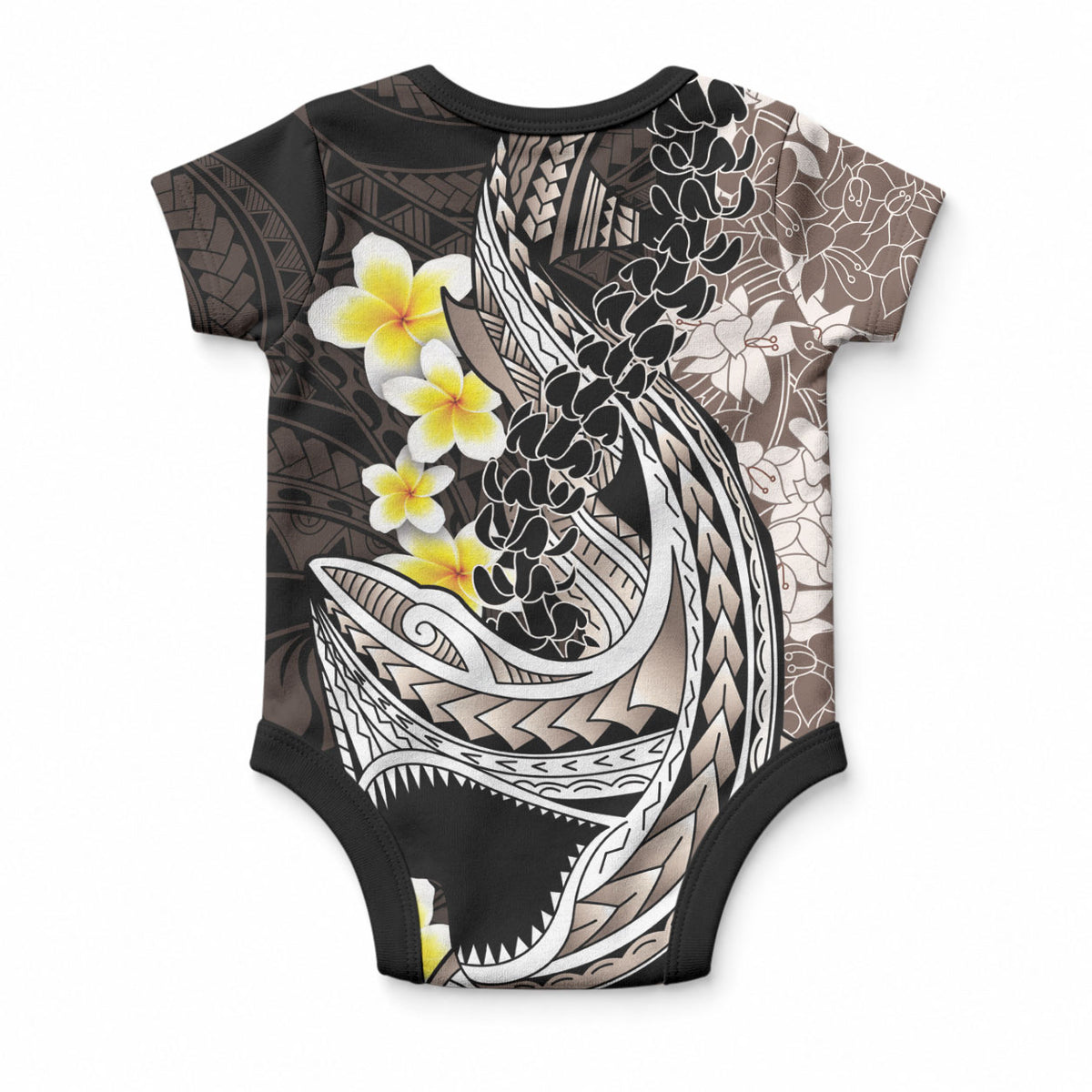 Brown and Black Hawaii Shark Tattoo Baby Onesie Puakenikeni Lei Plumeria Polynesian Pattern
