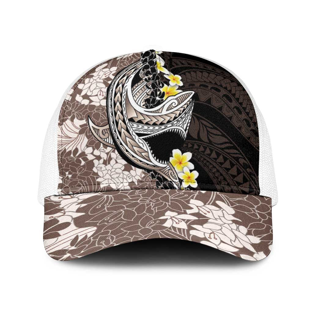 Brown and Black Hawaii Shark Tattoo Baseball Net Cap Puakenikeni Lei Plumeria Polynesian Pattern - Polynesian Pride