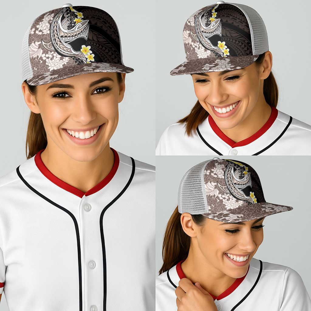 Brown and Black Hawaii Shark Tattoo Baseball Net Cap Puakenikeni Lei Plumeria Polynesian Pattern - Polynesian Pride
