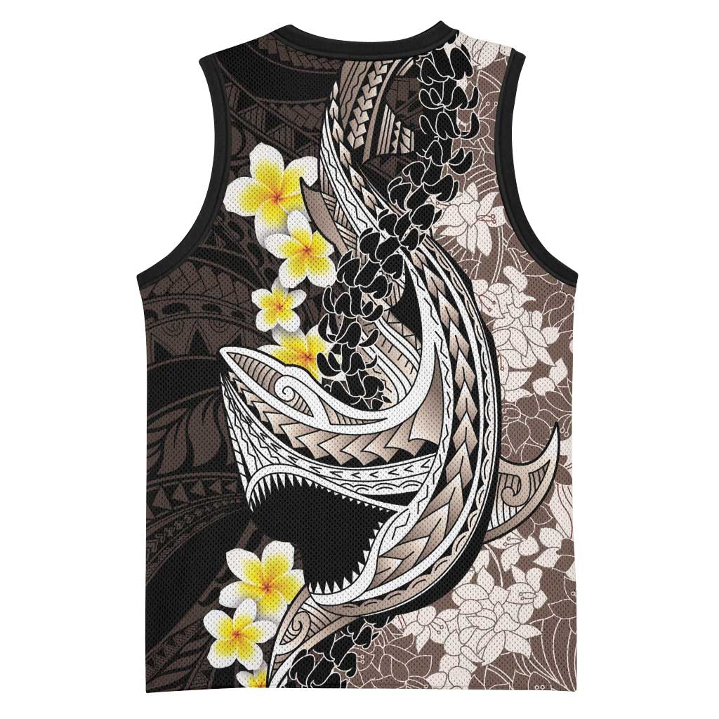 Brown and Black Hawaii Shark Tattoo Basketball Jersey Puakenikeni Lei Plumeria Polynesian Pattern LT14 - Polynesian Pride