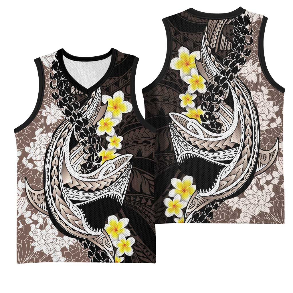 Brown and Black Hawaii Shark Tattoo Basketball Jersey Puakenikeni Lei Plumeria Polynesian Pattern LT14 - Polynesian Pride