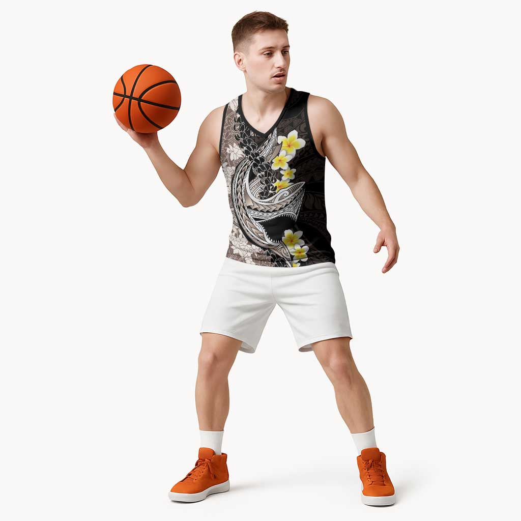 Brown and Black Hawaii Shark Tattoo Basketball Jersey Puakenikeni Lei Plumeria Polynesian Pattern LT14 - Polynesian Pride