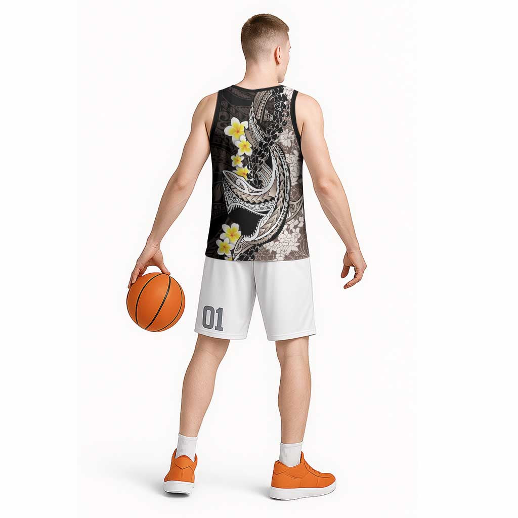 Brown and Black Hawaii Shark Tattoo Basketball Jersey Puakenikeni Lei Plumeria Polynesian Pattern LT14 - Polynesian Pride