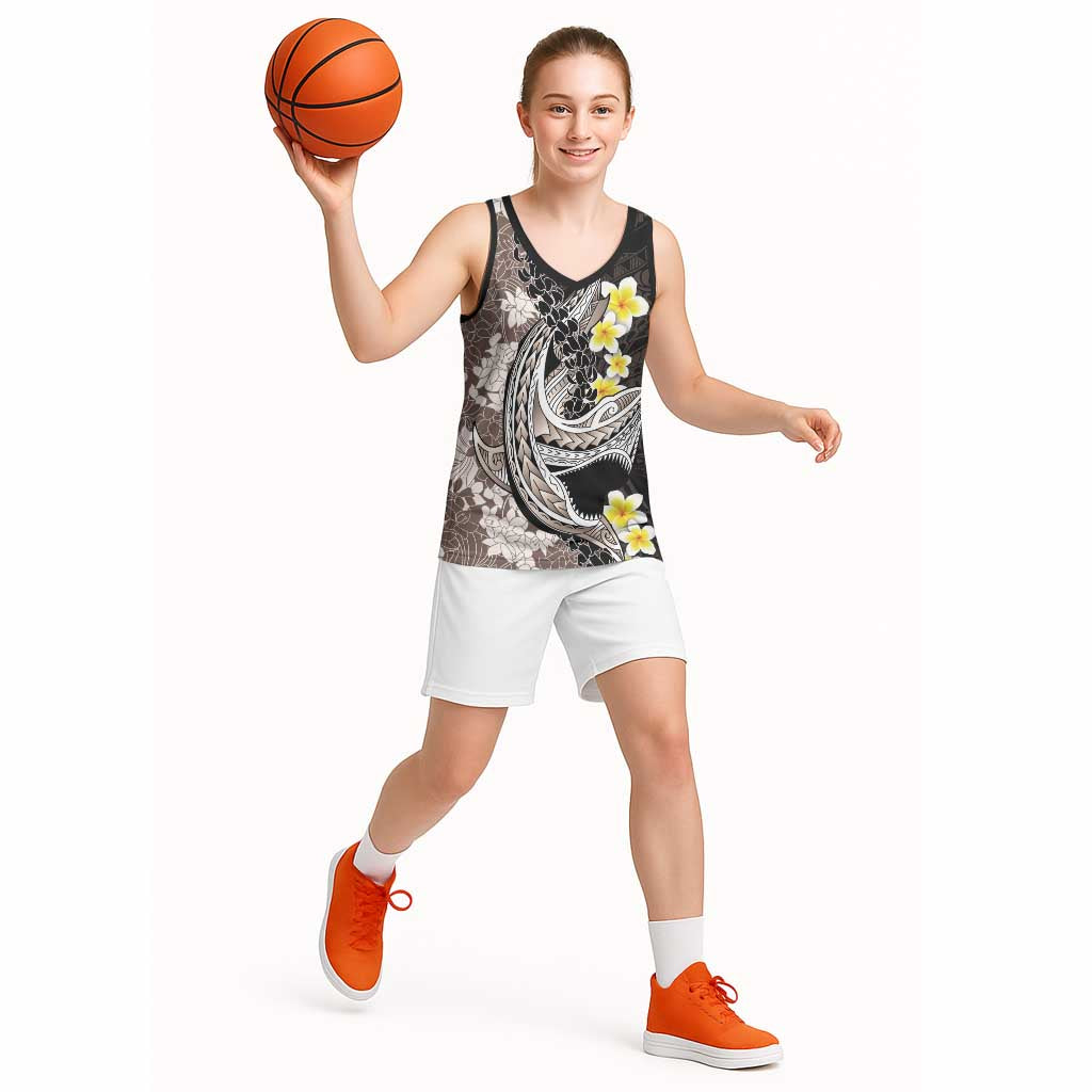 Brown and Black Hawaii Shark Tattoo Basketball Jersey Puakenikeni Lei Plumeria Polynesian Pattern LT14 - Polynesian Pride