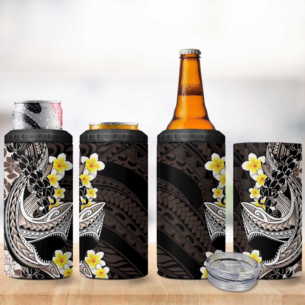 Brown and Black Hawaii Shark Tattoo 4 in 1 Can Cooler Tumbler Puakenikeni Lei Plumeria Polynesian Pattern LT14 - Polynesian Pride