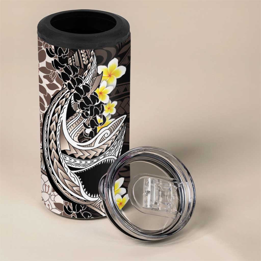 Brown and Black Hawaii Shark Tattoo 4 in 1 Can Cooler Tumbler Puakenikeni Lei Plumeria Polynesian Pattern LT14 - Polynesian Pride