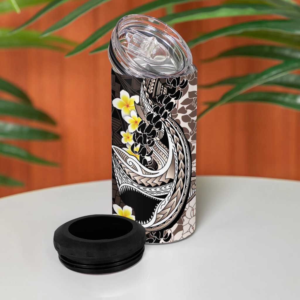 Brown and Black Hawaii Shark Tattoo 4 in 1 Can Cooler Tumbler Puakenikeni Lei Plumeria Polynesian Pattern LT14 - Polynesian Pride