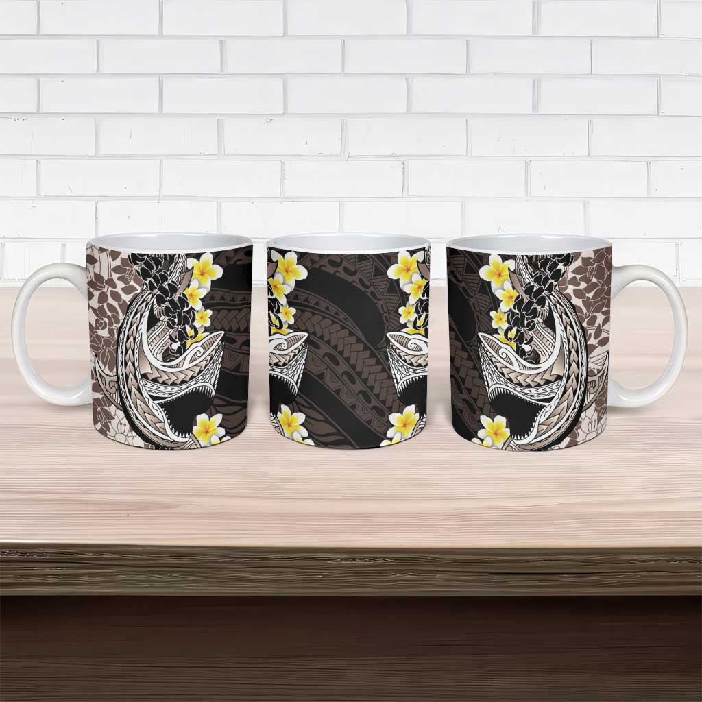 Brown and Black Hawaii Shark Tattoo Ceramic Mug Puakenikeni Lei Plumeria Polynesian Pattern - Polynesian Pride