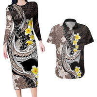 Brown and Black Hawaii Shark Tattoo Couples Matching Long Sleeve Bodycon Dress and Hawaiian Shirt Puakenikeni Lei Plumeria Polynesian Pattern LT14 Black - Polynesian Pride