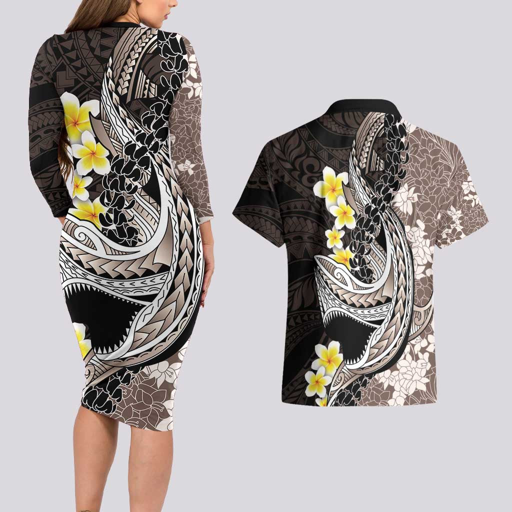 Brown and Black Hawaii Shark Tattoo Couples Matching Long Sleeve Bodycon Dress and Hawaiian Shirt Puakenikeni Lei Plumeria Polynesian Pattern LT14 - Polynesian Pride