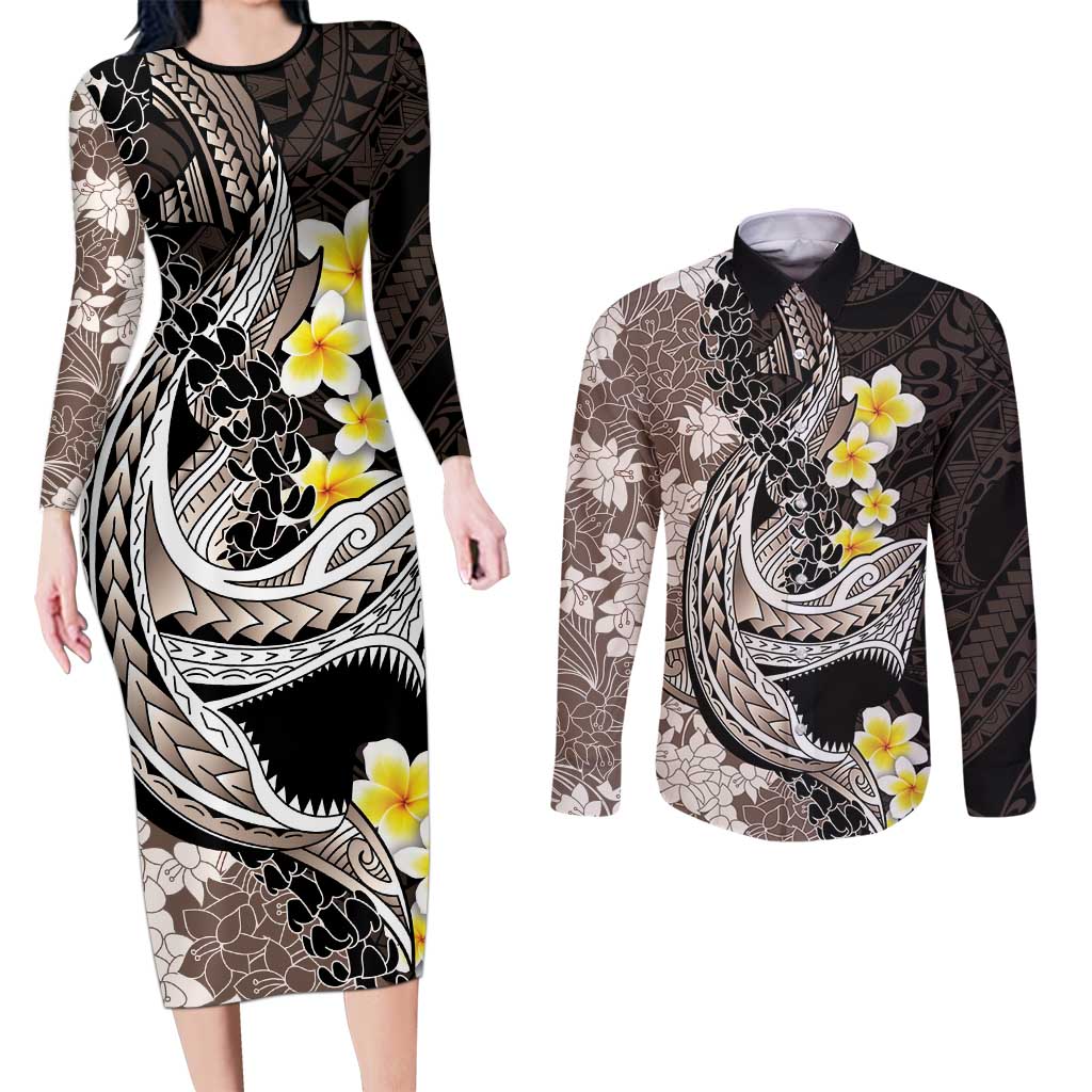 Brown and Black Hawaii Shark Tattoo Couples Matching Long Sleeve Bodycon Dress and Long Sleeve Button Shirt Puakenikeni Lei Plumeria Polynesian Pattern LT14 Black - Polynesian Pride