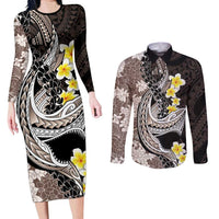 Brown and Black Hawaii Shark Tattoo Couples Matching Long Sleeve Bodycon Dress and Long Sleeve Button Shirt Puakenikeni Lei Plumeria Polynesian Pattern LT14 Black - Polynesian Pride