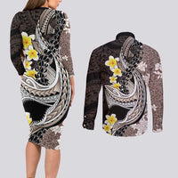 Brown and Black Hawaii Shark Tattoo Couples Matching Long Sleeve Bodycon Dress and Long Sleeve Button Shirt Puakenikeni Lei Plumeria Polynesian Pattern LT14 - Polynesian Pride