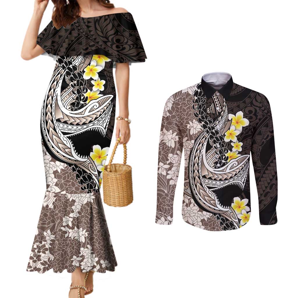 Brown and Black Hawaii Shark Tattoo Couples Matching Mermaid Dress and Long Sleeve Button Shirt Puakenikeni Lei Plumeria Polynesian Pattern LT14 Black - Polynesian Pride