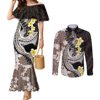 Brown and Black Hawaii Shark Tattoo Couples Matching Mermaid Dress and Long Sleeve Button Shirt Puakenikeni Lei Plumeria Polynesian Pattern LT14 Black - Polynesian Pride