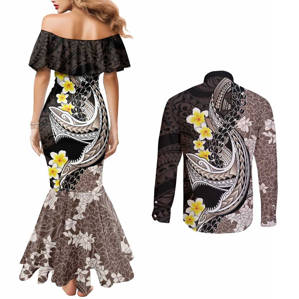 Brown and Black Hawaii Shark Tattoo Couples Matching Mermaid Dress and Long Sleeve Button Shirt Puakenikeni Lei Plumeria Polynesian Pattern LT14 - Polynesian Pride