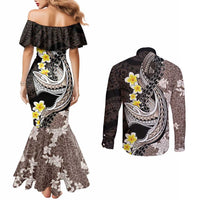 Brown and Black Hawaii Shark Tattoo Couples Matching Mermaid Dress and Long Sleeve Button Shirt Puakenikeni Lei Plumeria Polynesian Pattern LT14 - Polynesian Pride