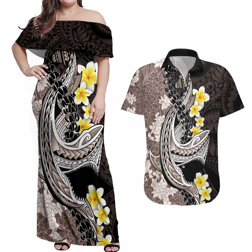 Brown and Black Hawaii Shark Tattoo Couples Matching Off Shoulder Maxi Dress and Hawaiian Shirt Puakenikeni Lei Plumeria Polynesian Pattern LT14 Black - Polynesian Pride