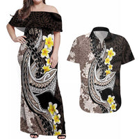 Brown and Black Hawaii Shark Tattoo Couples Matching Off Shoulder Maxi Dress and Hawaiian Shirt Puakenikeni Lei Plumeria Polynesian Pattern LT14 Black - Polynesian Pride