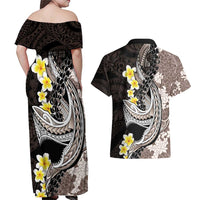 Brown and Black Hawaii Shark Tattoo Couples Matching Off Shoulder Maxi Dress and Hawaiian Shirt Puakenikeni Lei Plumeria Polynesian Pattern LT14 - Polynesian Pride