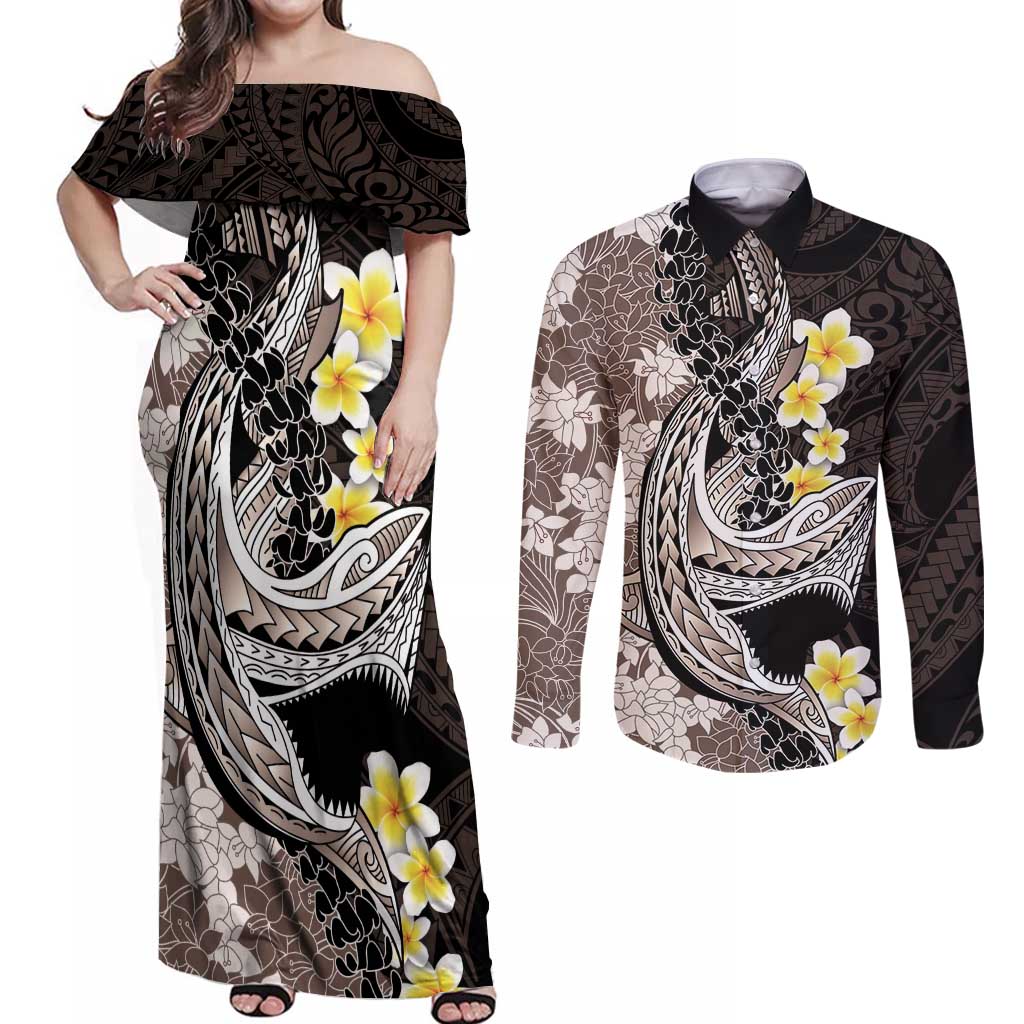 Brown and Black Hawaii Shark Tattoo Couples Matching Off Shoulder Maxi Dress and Long Sleeve Button Shirt Puakenikeni Lei Plumeria Polynesian Pattern LT14 Black - Polynesian Pride